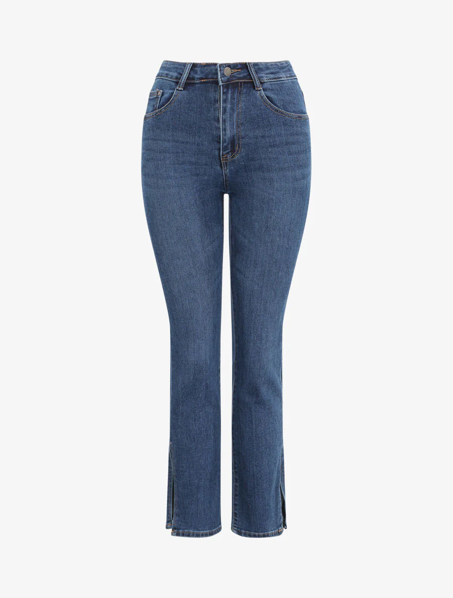 High-waisted bootcut jeans with buttoned split hems - Blauw