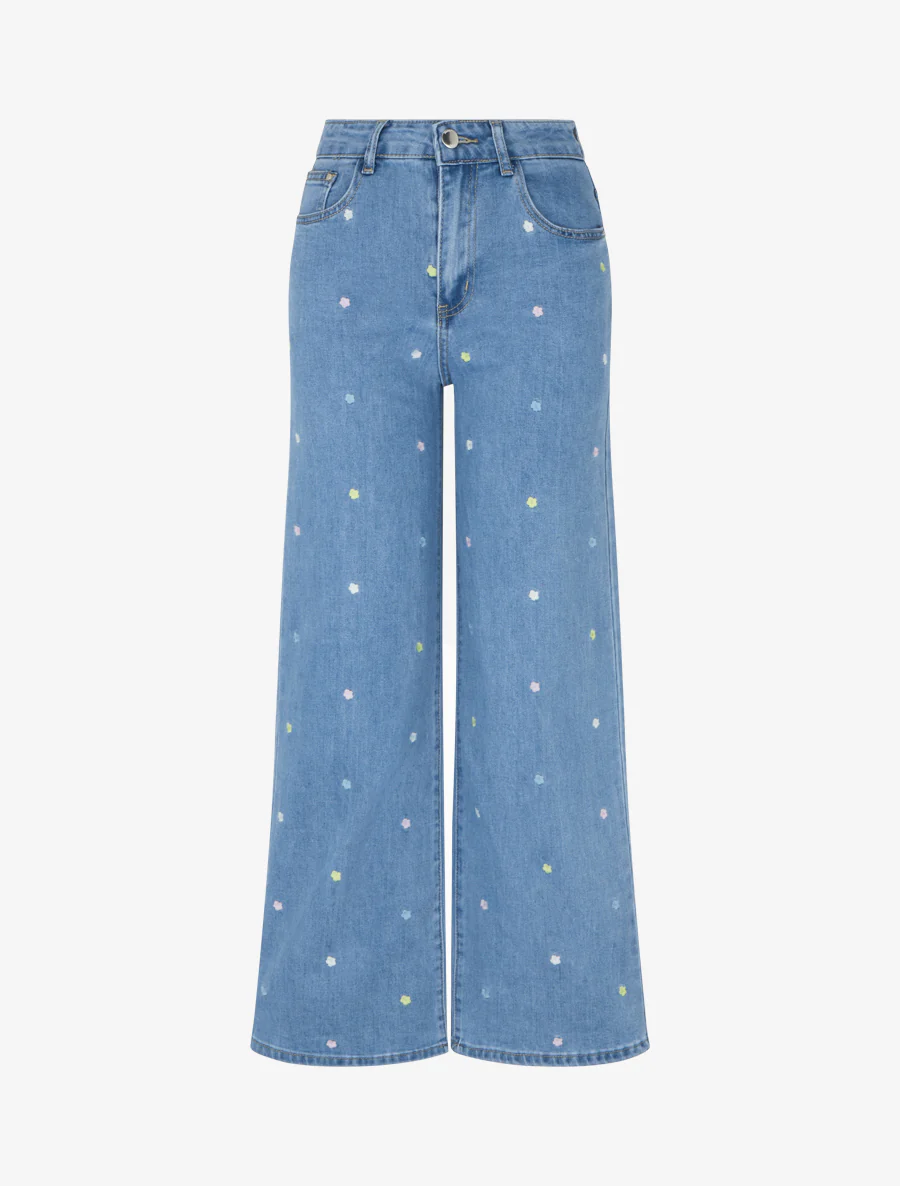 Jeans met bloemenborduurselmotief - Blauw