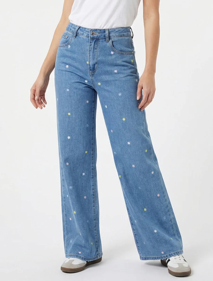 Jeans met bloemenborduurselmotief - Blauw - Image 4