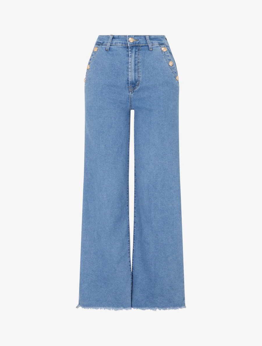 Jeans met rechte pijpen, ruwe randen en decoratieve knopen - Blauw