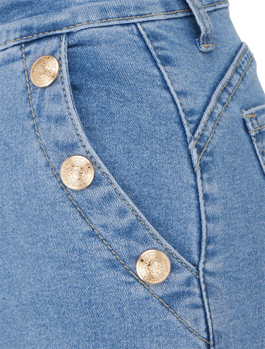 Jeans met rechte pijpen, ruwe randen en decoratieve knopen - Blauw - Image 3