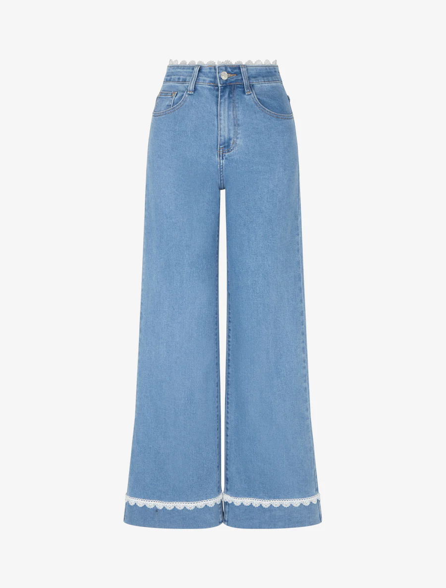Jeans met wijde pijpen, kanten boord en taille - Blauw