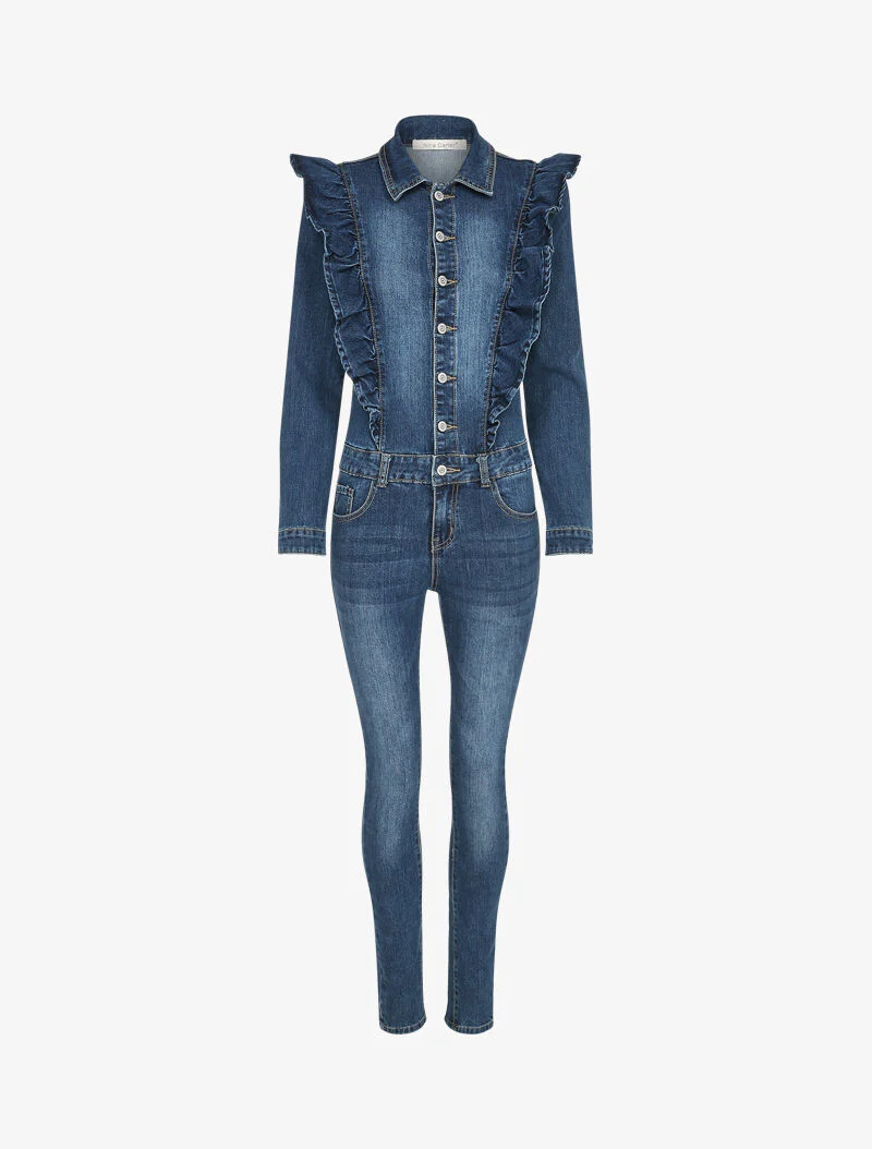 Jeans jumpsuit met volantbuste - Blauw denim