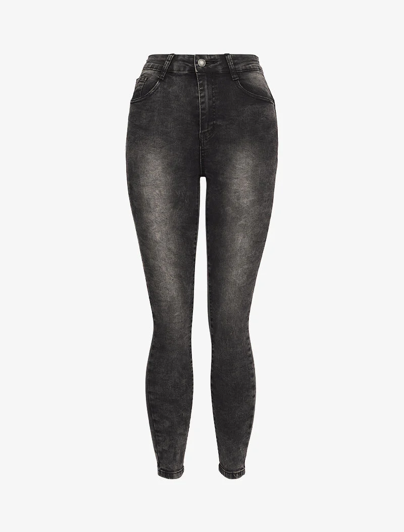 Skinny jeans met hoge taille en gewassen - Donkergrijs