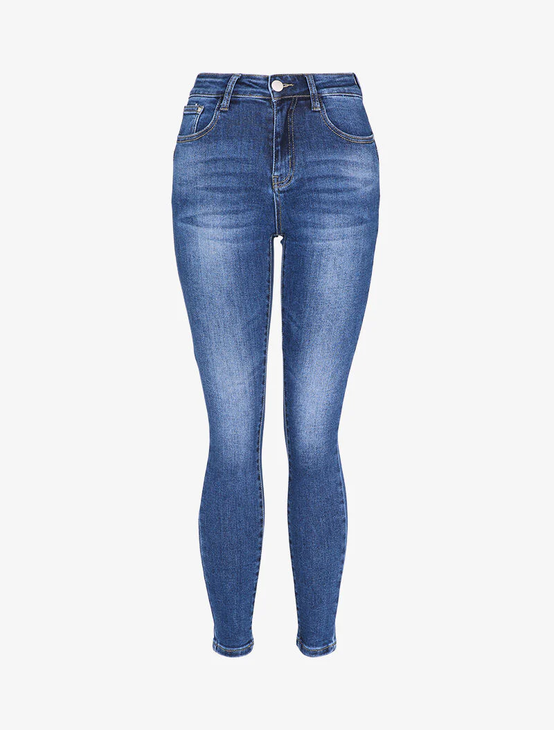 Hoge taille skinny jeans gewassen - Blauw denim