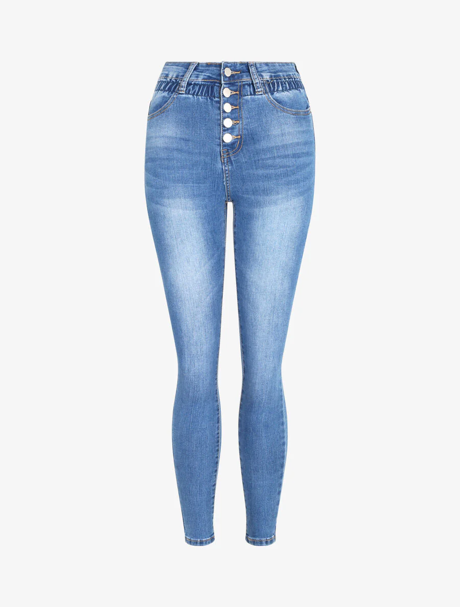 Slim-fit jeans met elastische empire taille - Blauw denim
