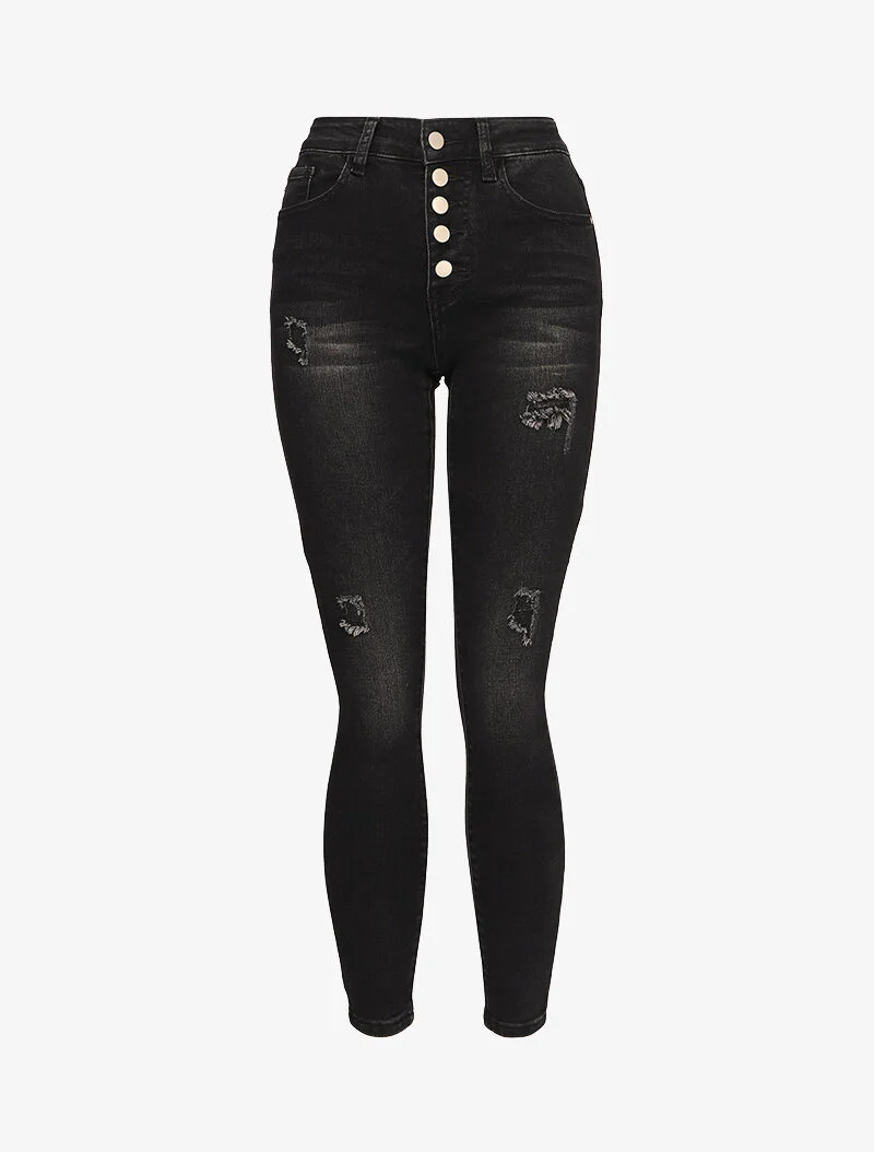 Skinny jeans met hoge taille en knopen en scheuren - Zwart