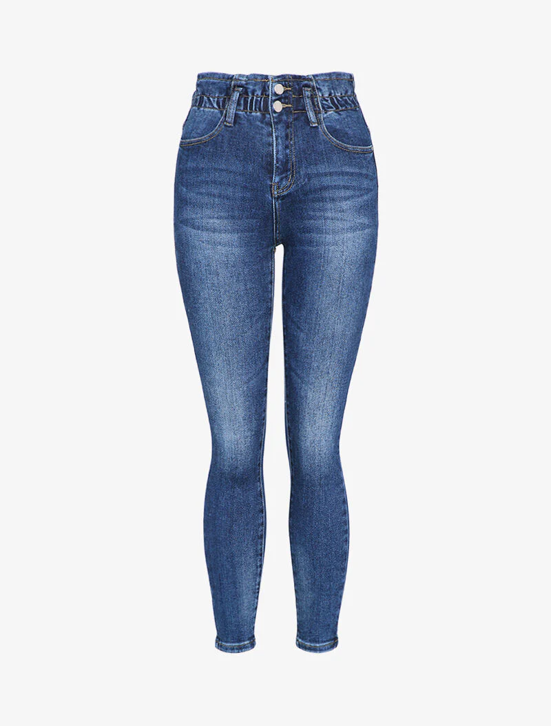 Skinny paperbag jeans met hoge taille - Blauw denim