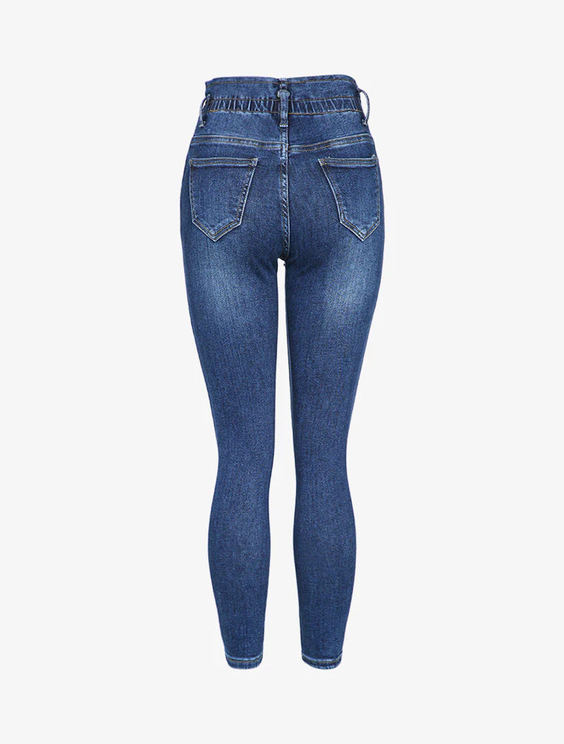 Skinny paperbag jeans met hoge taille - Blauw denim - Image 2