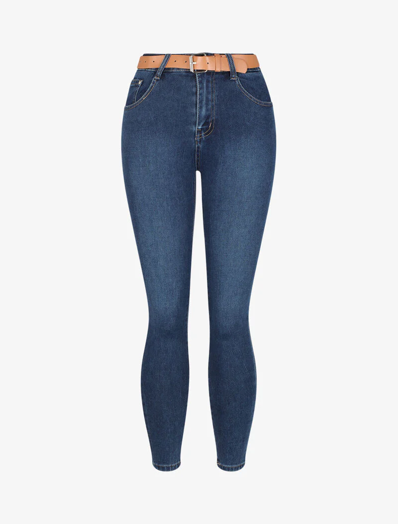 Skinny jeans met een riem in imitatie - Blauw denim