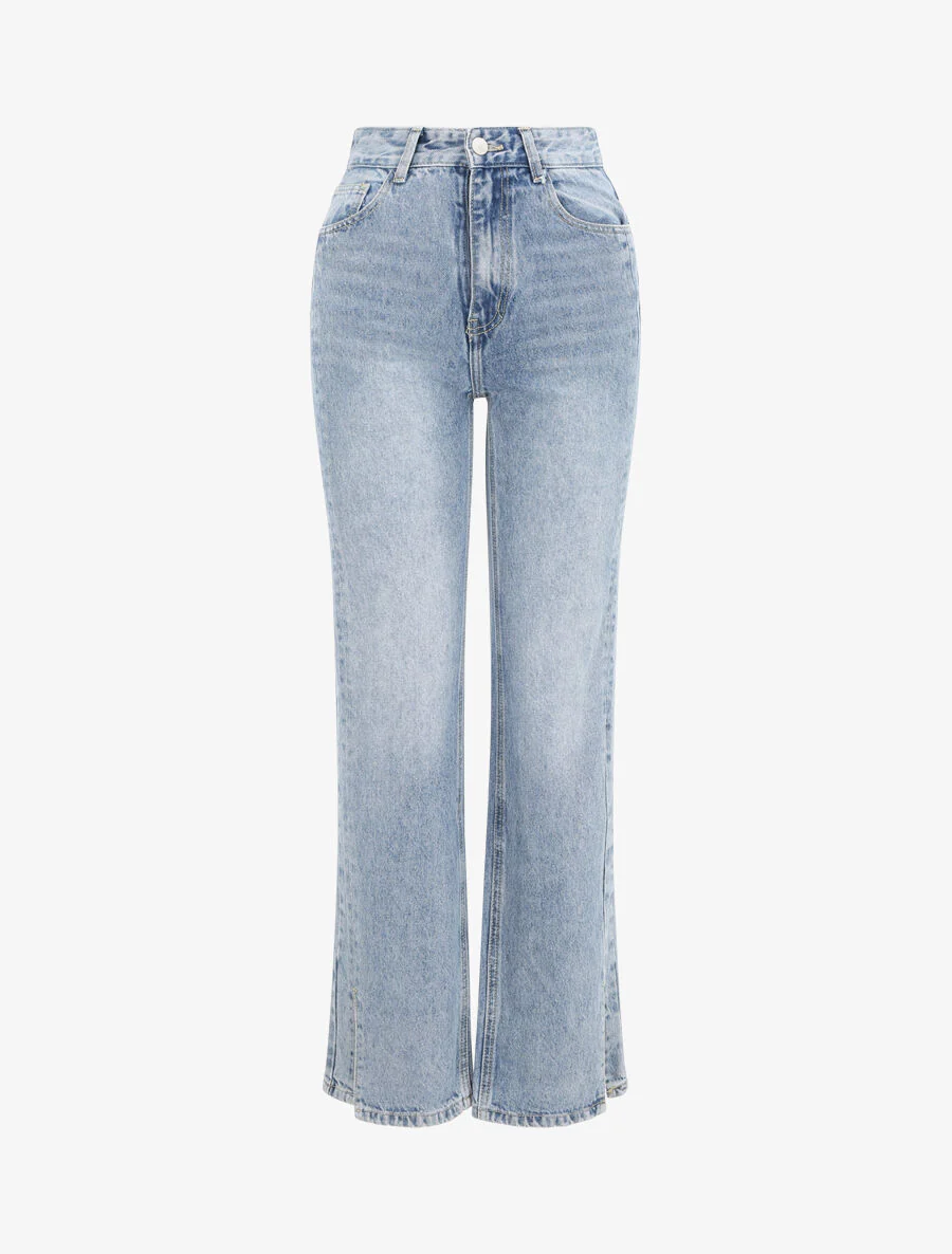 Wijde jeans met gespleten randen - Blauw denim
