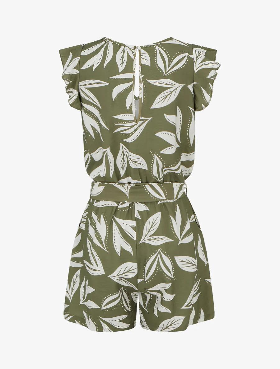 Jumpsuit met ruches mouwen en bladprint - Kaki - Image 2