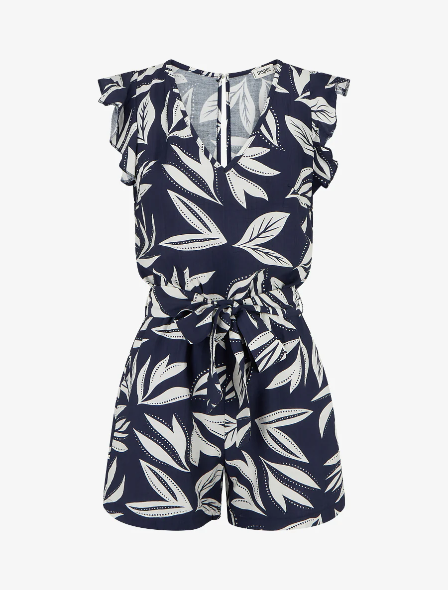 Jumpsuit met ruches mouwen en bladprint - Marine