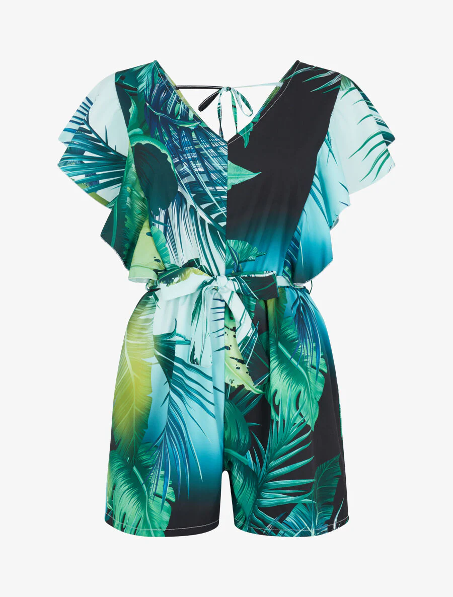 Tropische print jumpsuit met ruches op de schouders - Zwart