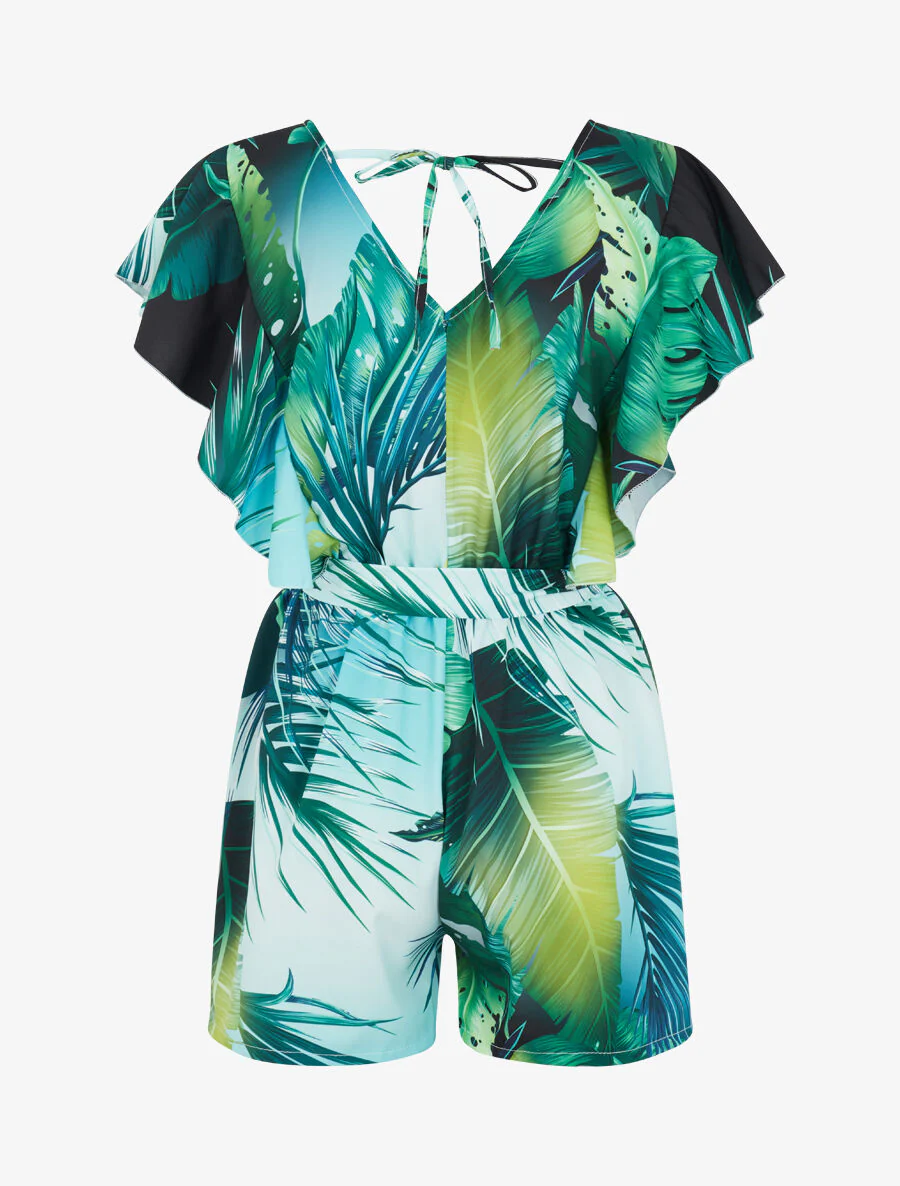Tropische print jumpsuit met ruches op de schouders - Zwart - Image 2