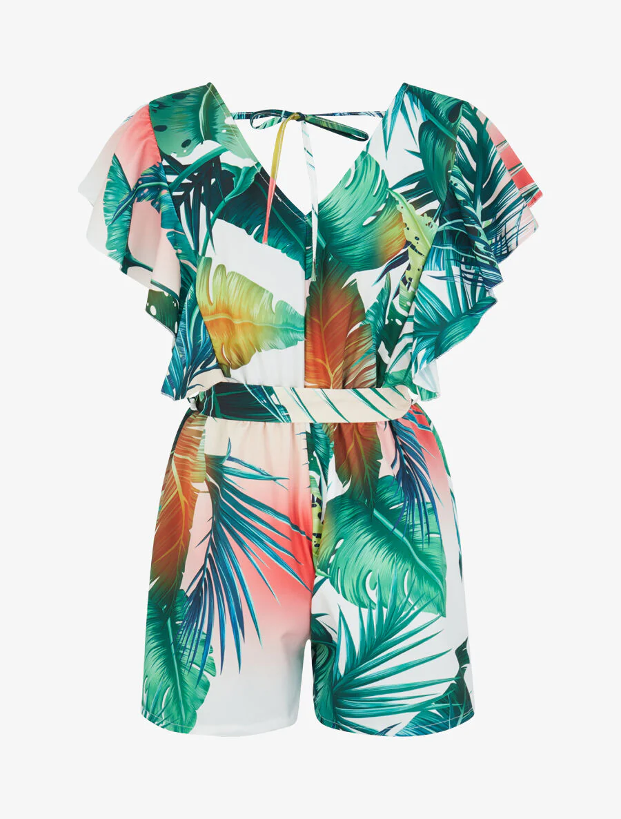 Tropische print jumpsuit met ruches op de schouders - Wit - Image 2