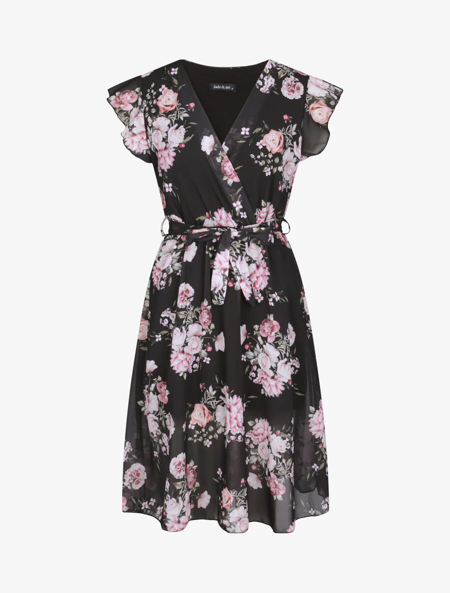 Jurk van voile met lentebloemenprint - Zwart