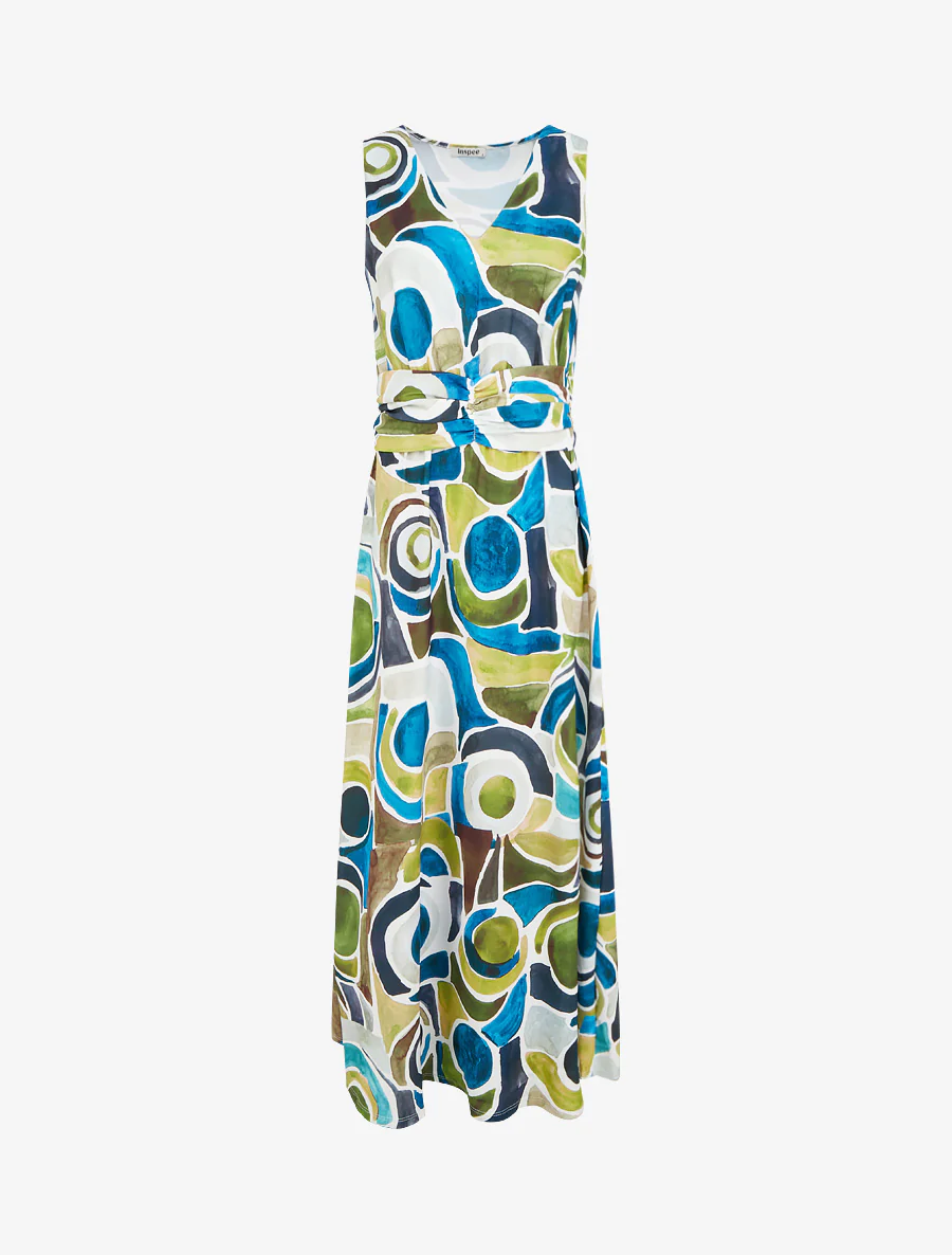 Jurk met abstracte print en elastische taille - Eendenblauw