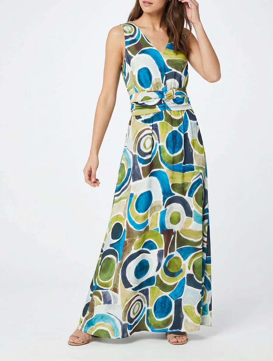 Jurk met abstracte print en elastische taille - Eendenblauw - Image 4