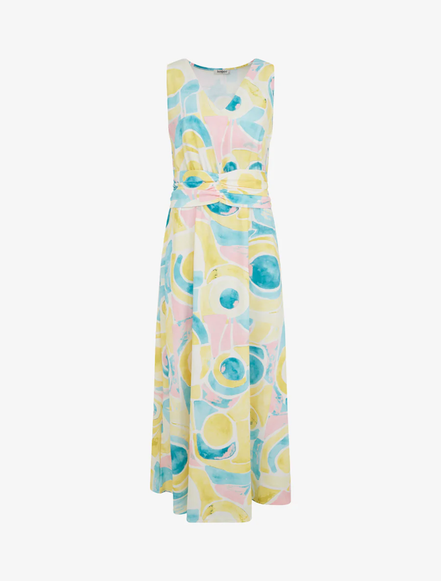 Jurk met abstracte print en elastische taille - Geel