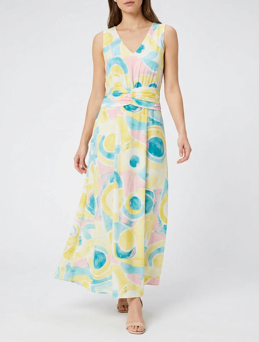 Jurk met abstracte print en elastische taille - Geel - Image 4