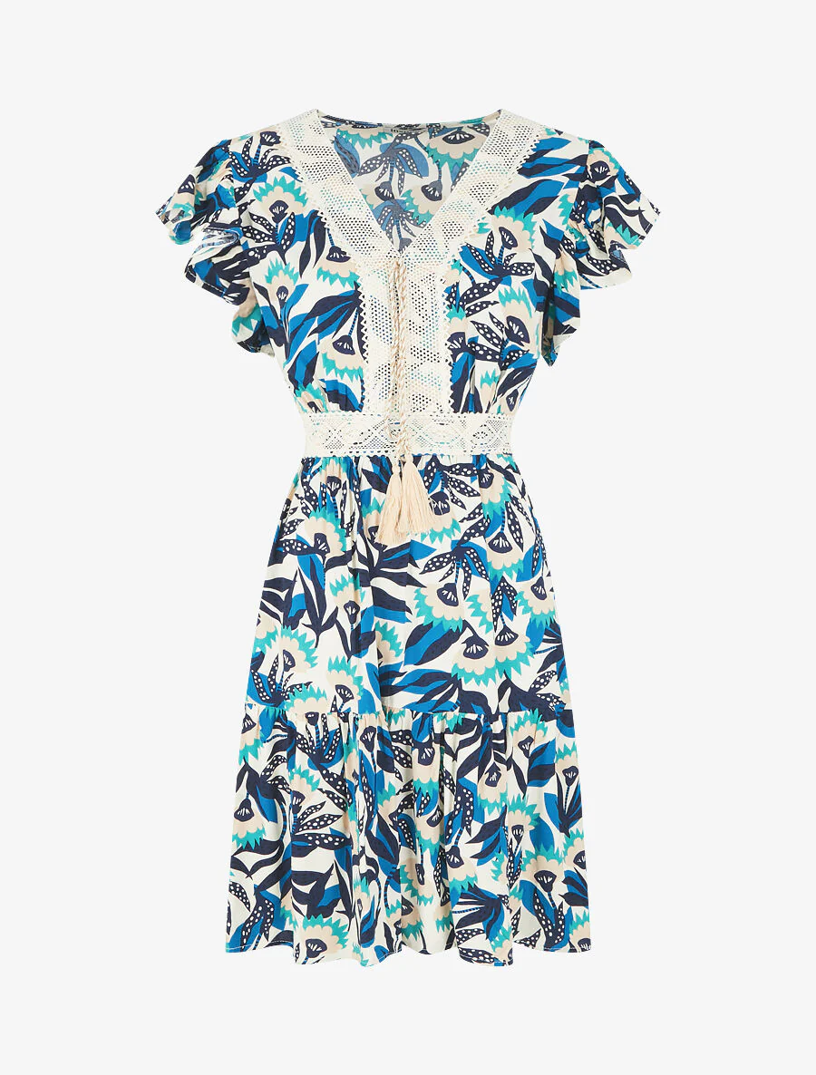 Jurk met abstracte print en geborduurde V-hals - blauw