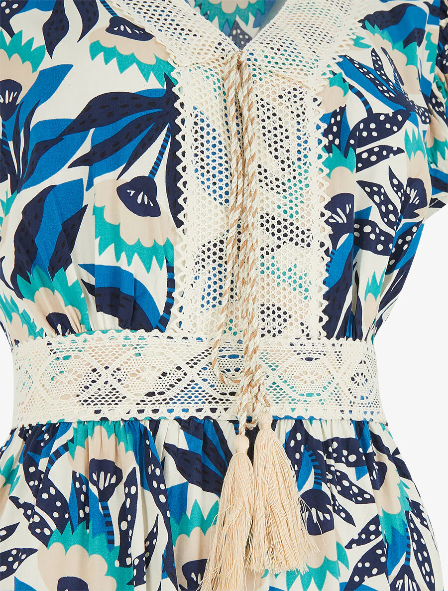 Jurk met abstracte print en geborduurde V-hals - blauw - Image 3