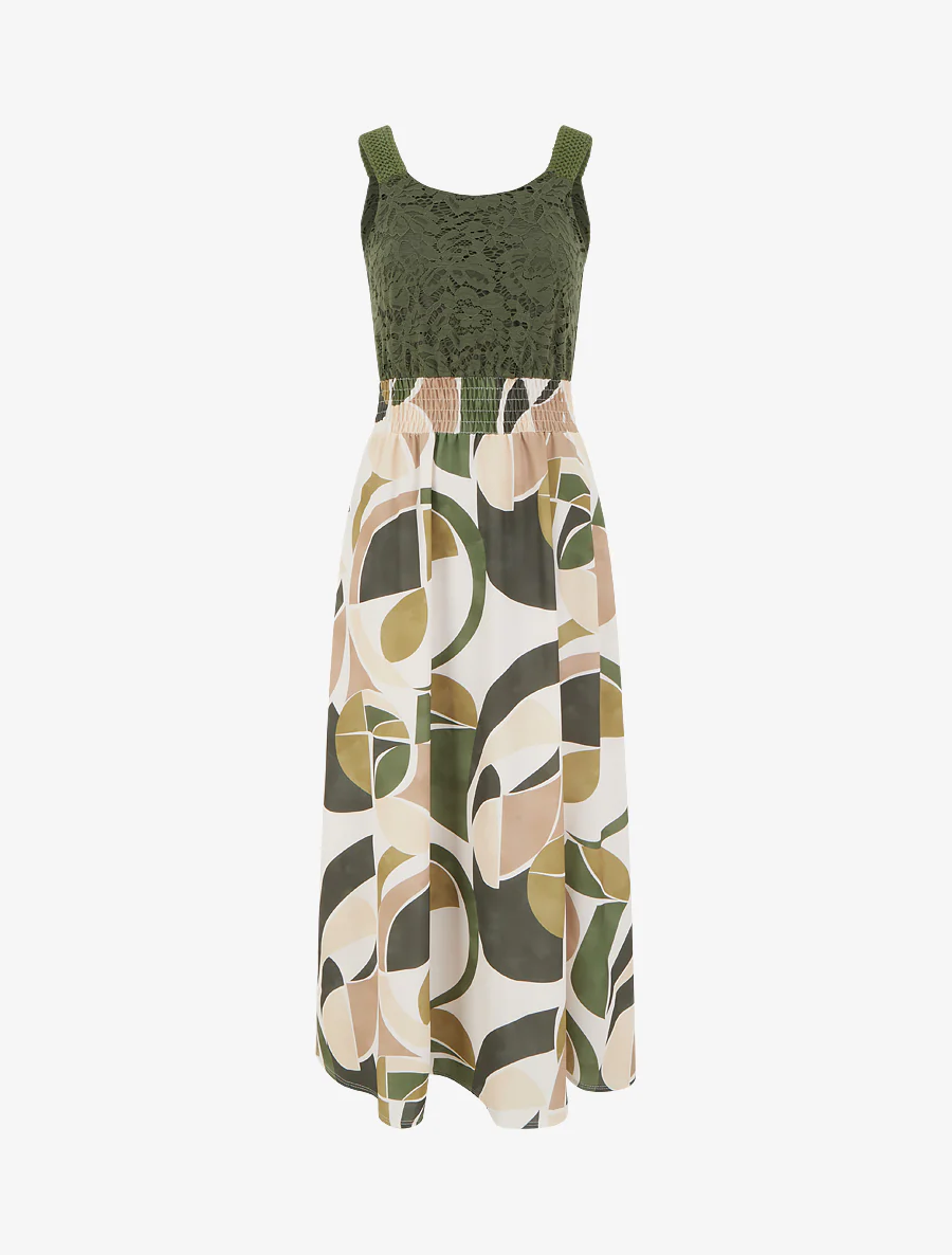 Jurk met abstracte print en gehaakte bandjes - Kaki