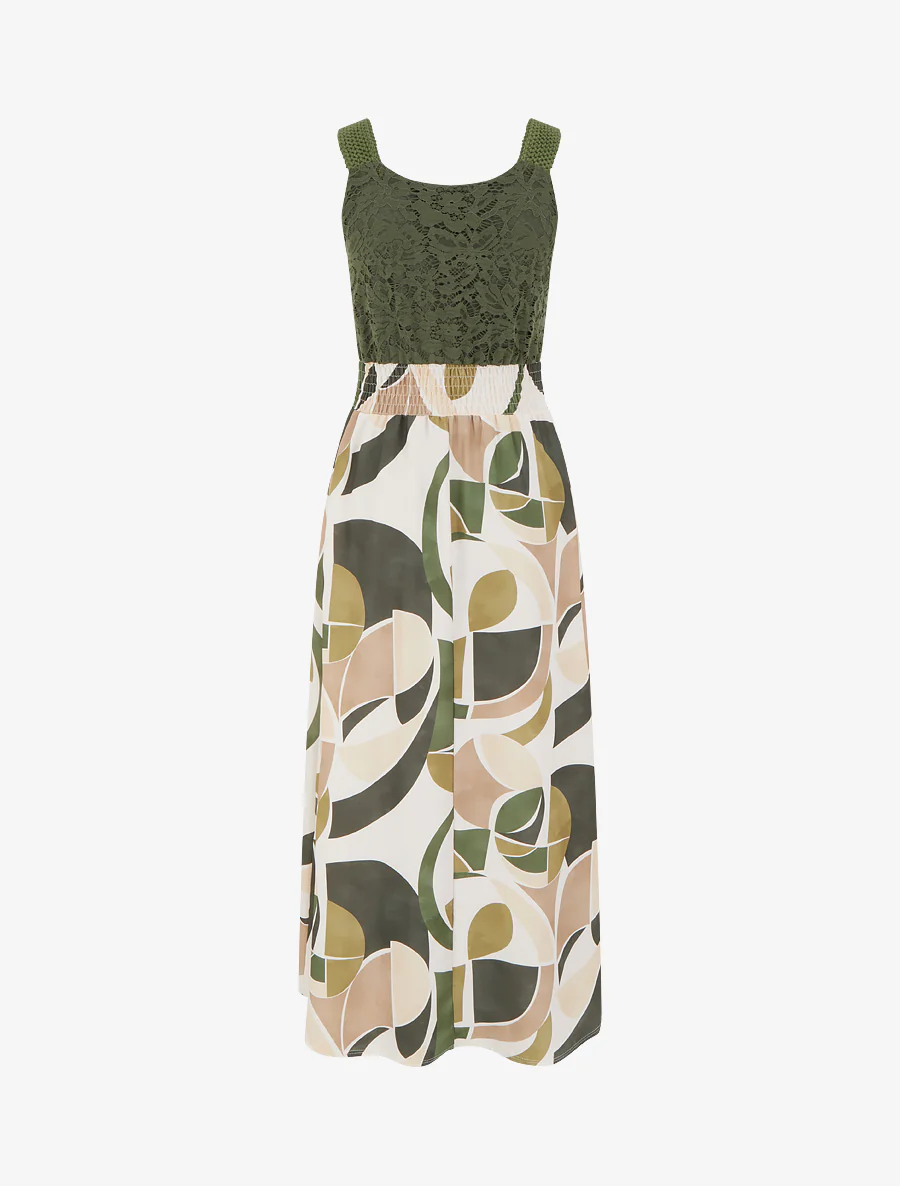 Jurk met abstracte print en gehaakte bandjes - Kaki - Image 2