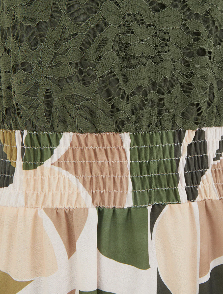 Jurk met abstracte print en gehaakte bandjes - Kaki - Image 3