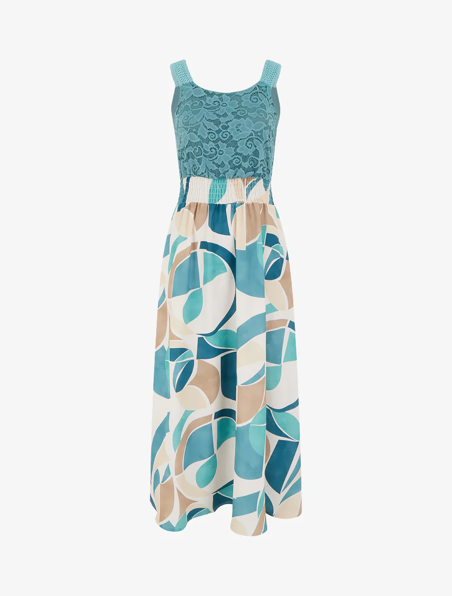 Jurk met abstracte print en gehaakte bandjes - Turkoois