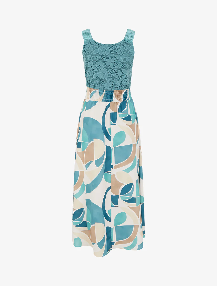 Jurk met abstracte print en gehaakte bandjes - Turkoois - Image 2