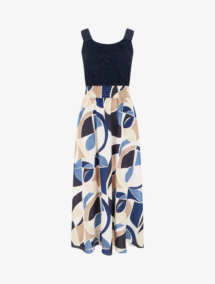 Jurk met abstracte print en gehaakte bandjes - Marine
