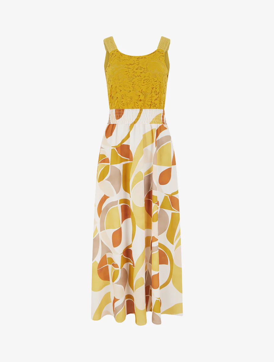 Jurk met abstracte print en gehaakte bandjes - Mosterdgeel