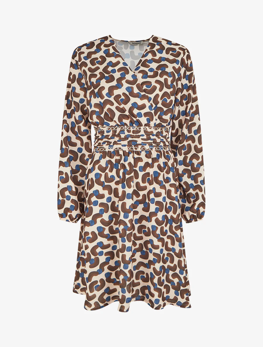 Jurk met abstracte print en overslagkraag - Bruin
