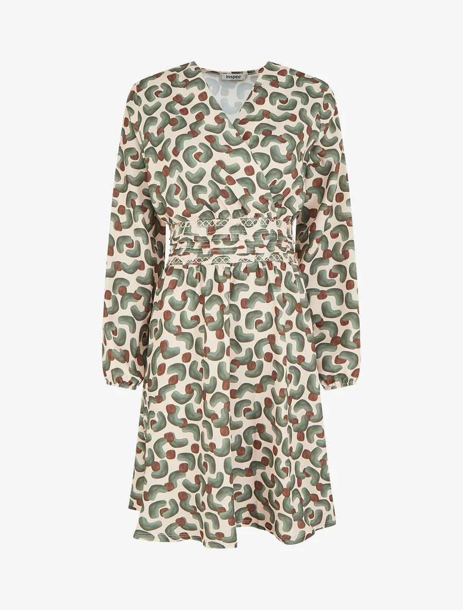 Jurk met abstracte print en overslagkraag - Kaki