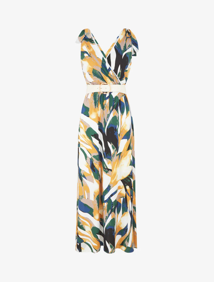 Jurk met abstracte print en schouderstrikken - Geel
