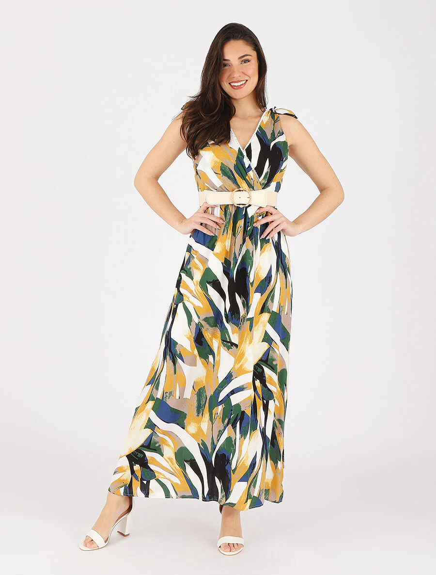 Jurk met abstracte print en schouderstrikken - Geel - Image 4