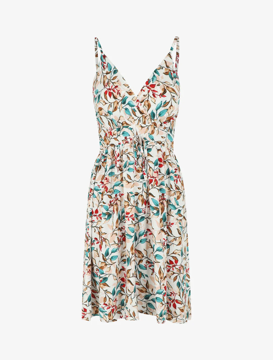 Jurk met bladerdecorprint en dunne bandjes - wit