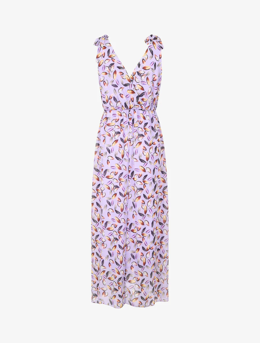 Jurk met bladerenprint met bandjes en knoopdetail - Lila - Image 2
