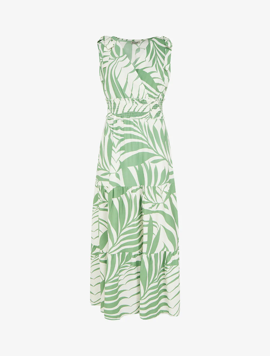 Jurk met bladerenprint en knoopbandjes - Groen