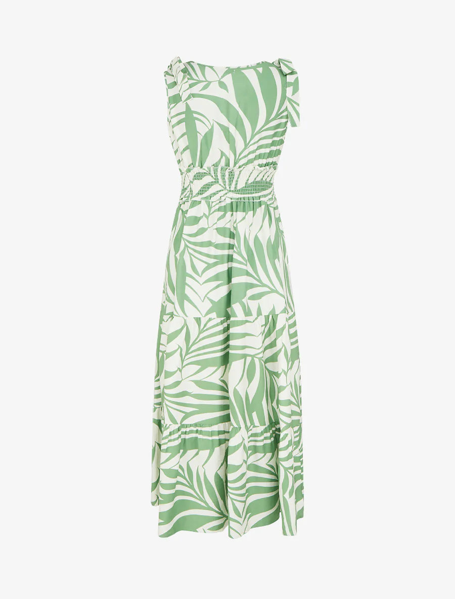 Jurk met bladerenprint en knoopbandjes - Groen - Image 2