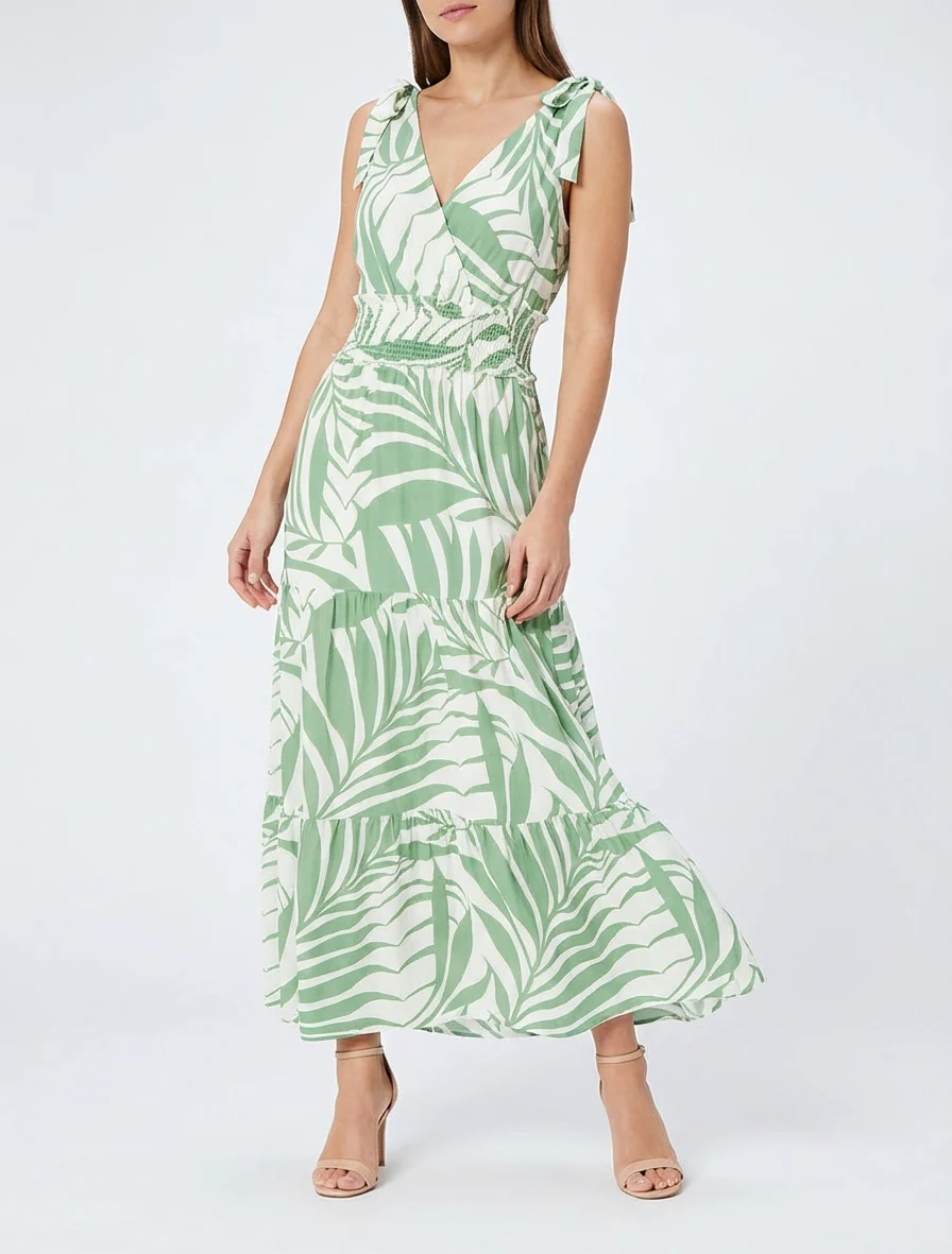 Jurk met bladerenprint en knoopbandjes - Groen - Image 4