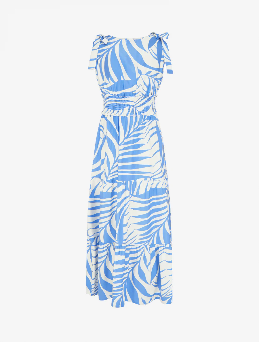 Jurk met bladerenprint en knoopbandjes - Lichtblauw - Image 2