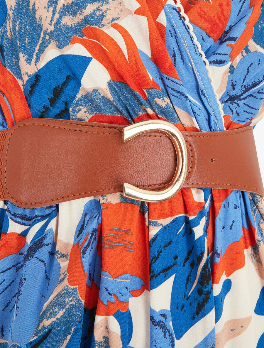 Jurk met bladerenprint en wikkelhals - Beige - Image 3