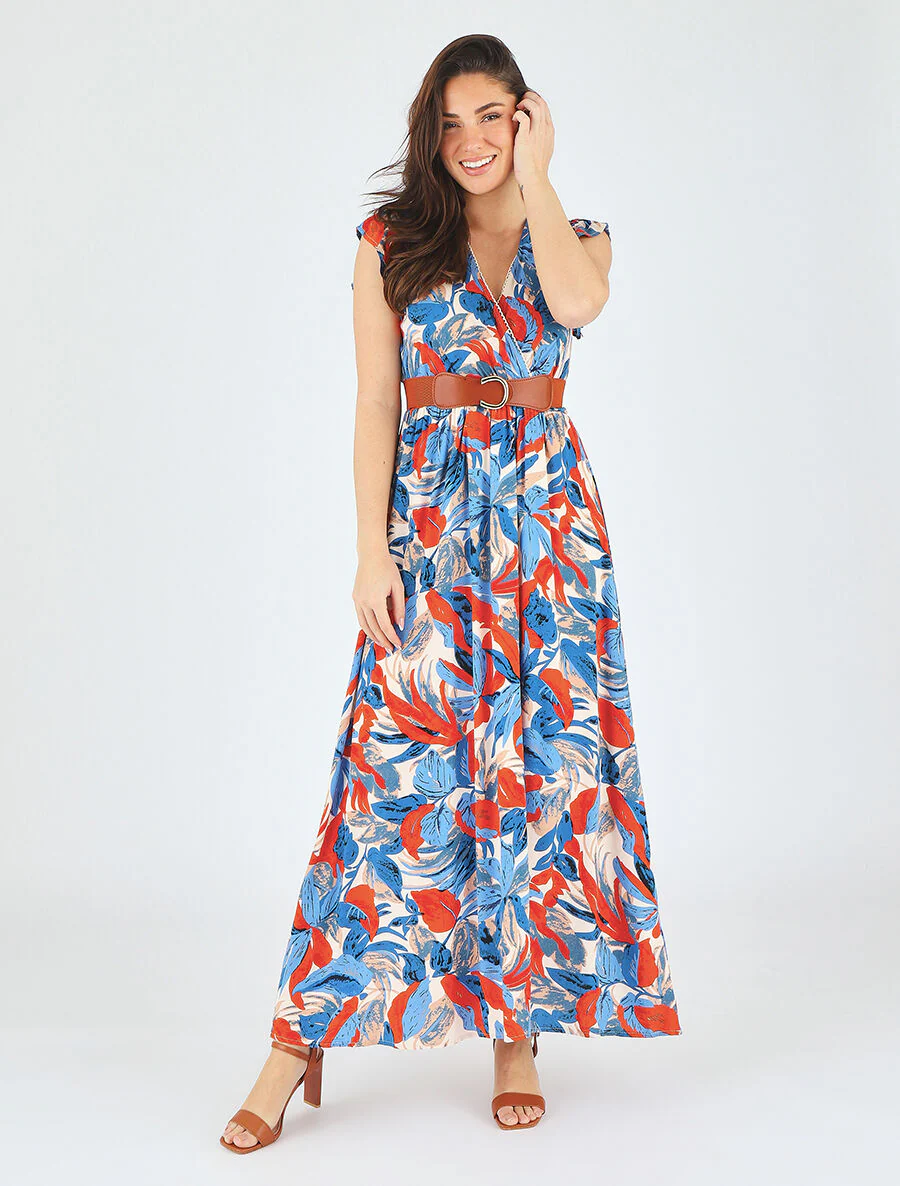 Jurk met bladerenprint en wikkelhals - Beige - Image 4