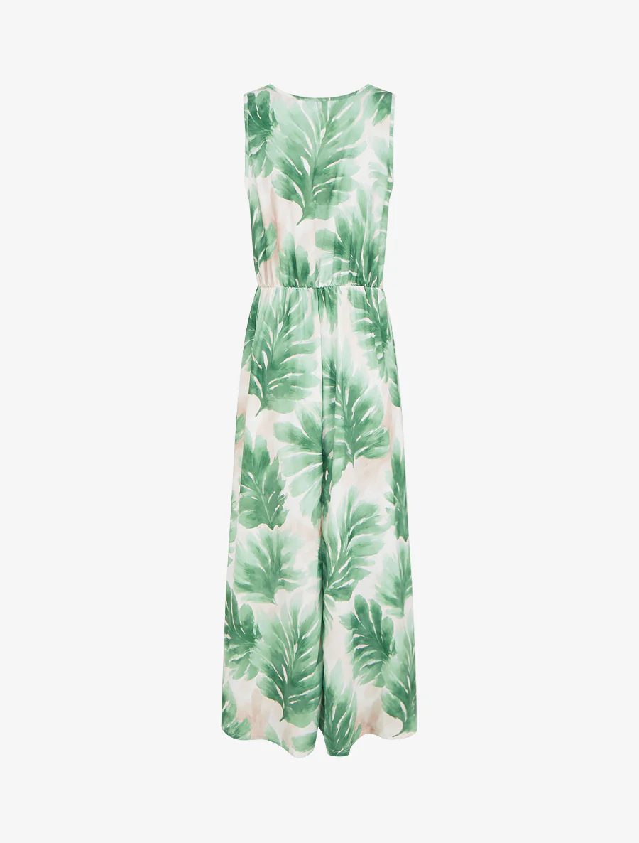 Jurk met bladprint en elastische tailleband - Groen - Image 2