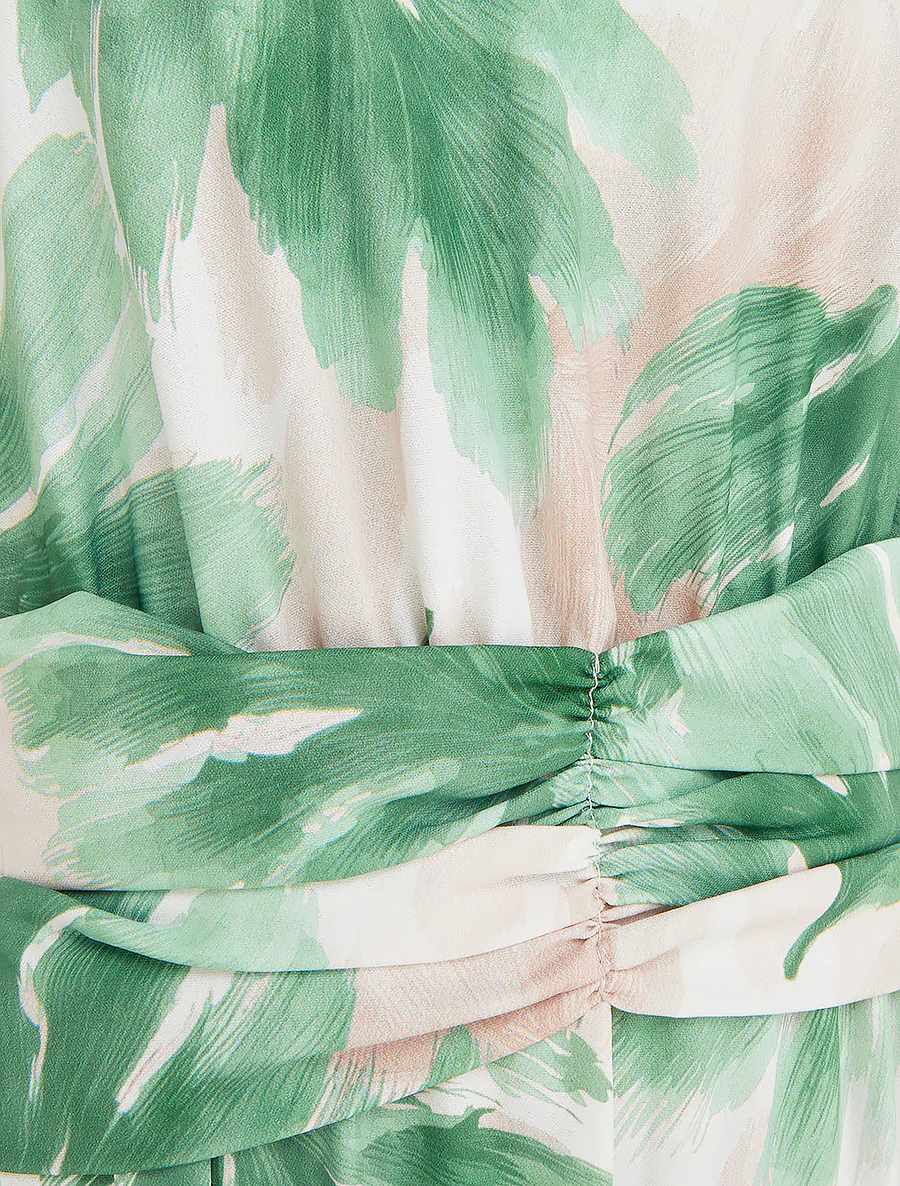 Jurk met bladprint en elastische tailleband - Groen - Image 3