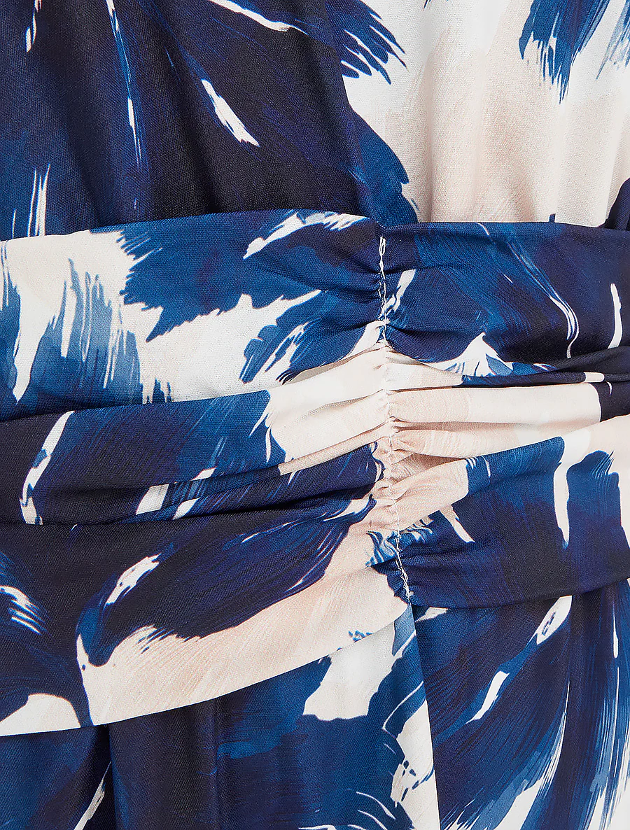 Jurk met bladprint en elastische tailleband - Marine - Image 3