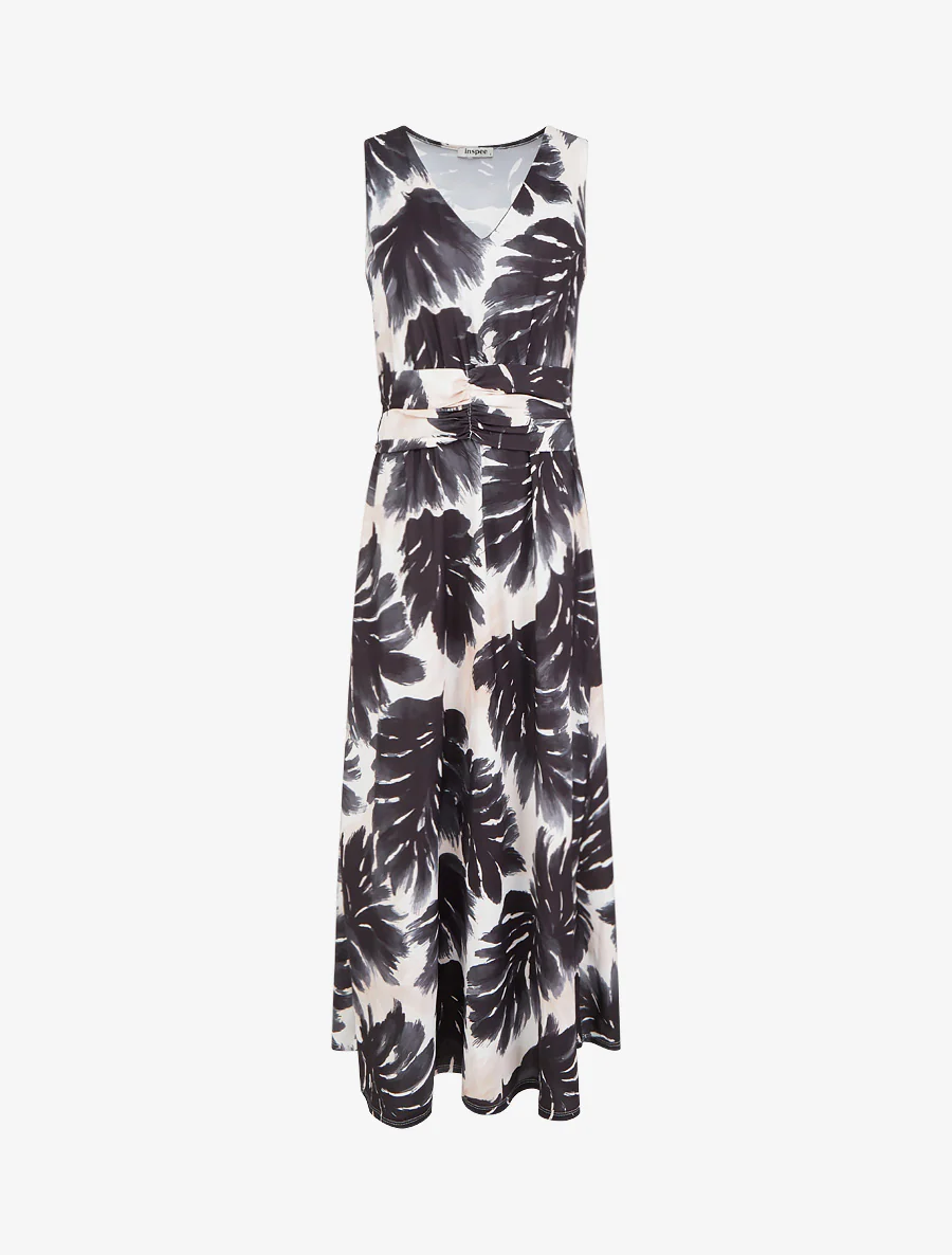 Jurk met bladprint en elastische tailleband - Zwart